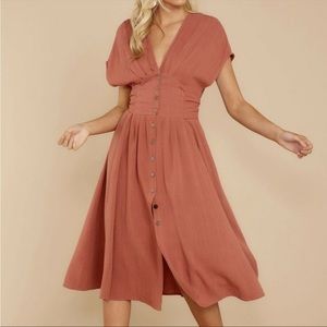 Aura Brick Red Button Front Midi Dress